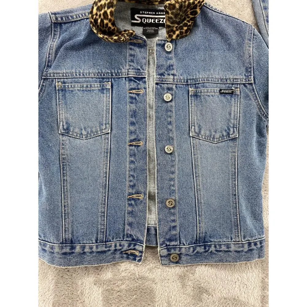 Vintage Squeeze Denim Jacket Leopard Collar Grunge Preppy Women S